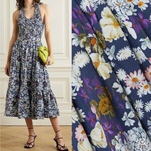 NWOT LES RÊVERIES Shirred Floral Fields Print Cotton Halter Midi Dress